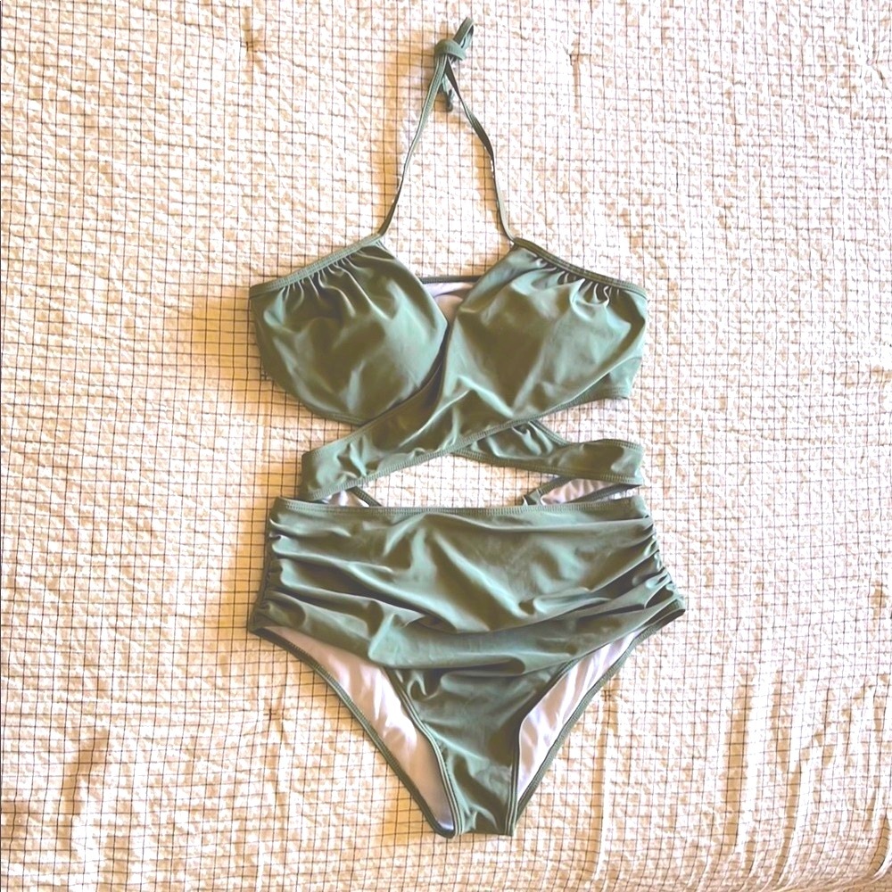 Olive Green Cutout 2 Peice Swimsuit